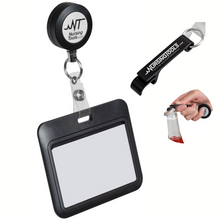 Load image into Gallery viewer, Premium Badge Reel Belt Clip - Stainless-Steel Cable - with RFID Compatible ID Holder &amp; Bottle Opener
